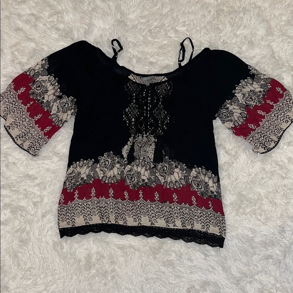 Angie Graphic Black and Red 3/4 Sleeve Blouse